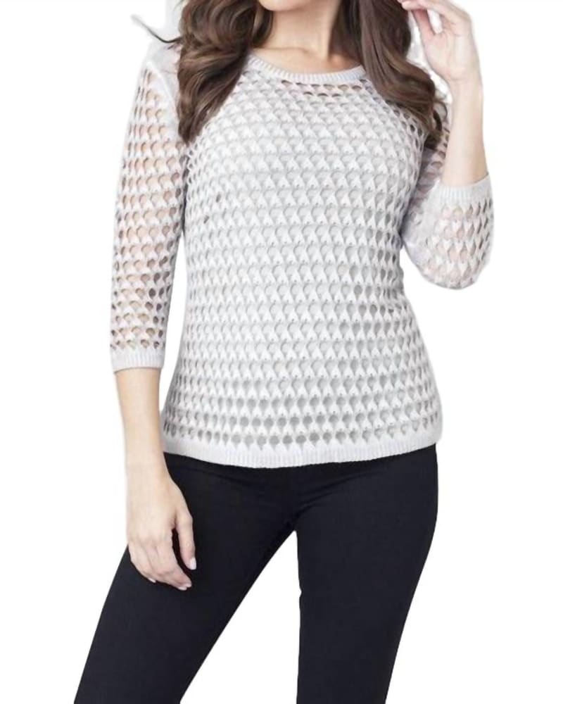 Front of a model wearing a size LG Open Stitch Pullover in Sand in Sand by ANGEL. | dia_product_style_image_id:326939